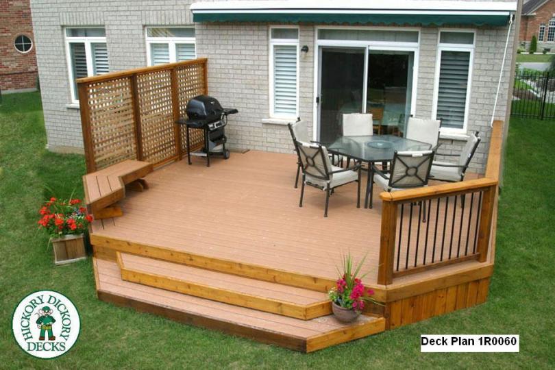 Large, low, single-level deck with privacy screen and bench (#1R0060).