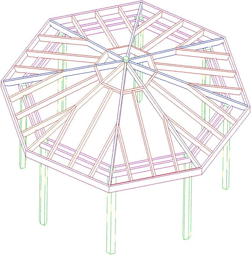 Graphic showing blocking between rafters in roof of gazebo.