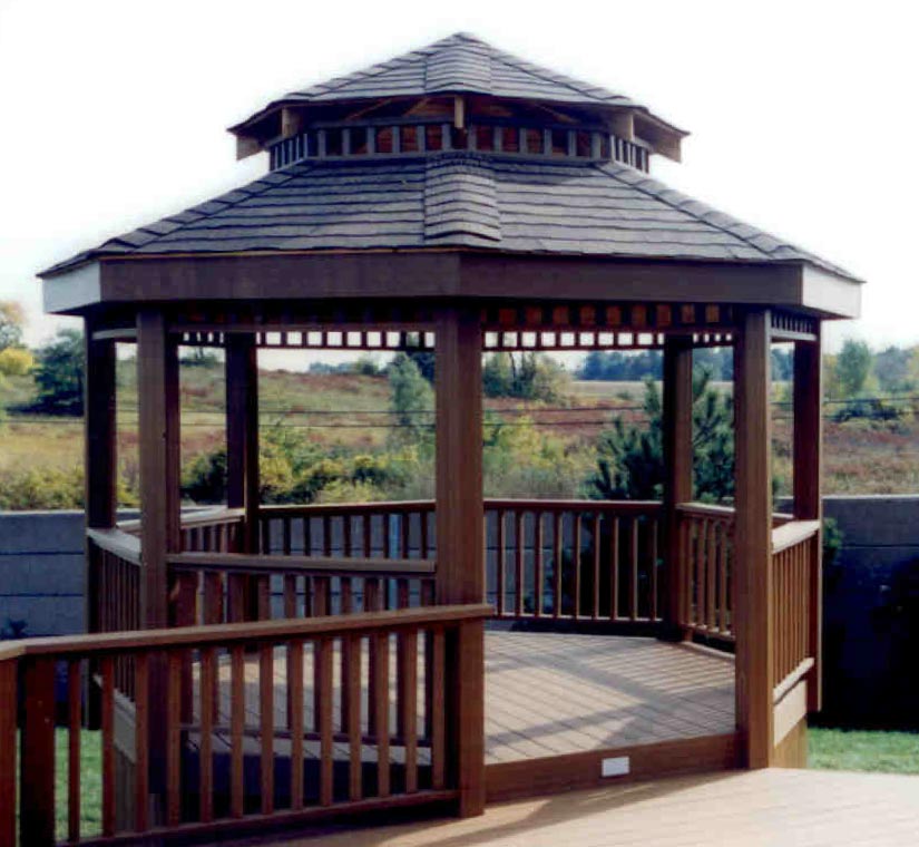 Completed gazebo with fascia detail covering rafter ends under the roof.