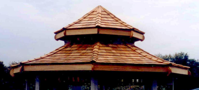Completed two-tiered gazebo roof with cedar shingles installed.
