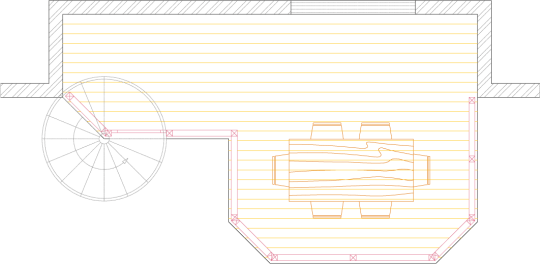 Overhead view of a medium high single level deck plan with spiral stairs.