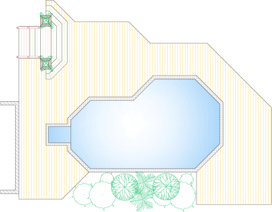 Overhead view of a very large single level deck around an on-ground pool.
