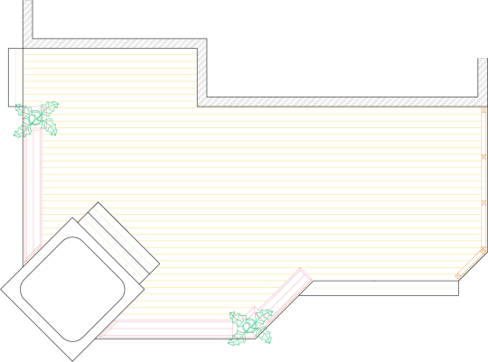 Overhead view of a deck plan for a large low single level spa deck.