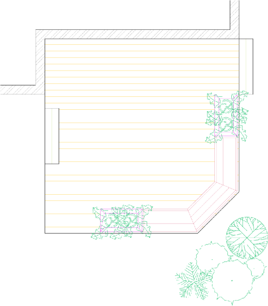 Overhead view of a deck plan for a low single level deck with planters and a bench.