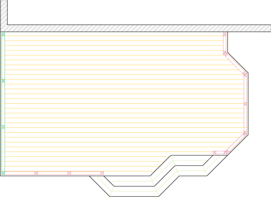 Overhead view of a deck plan for a large low single level deck with a privacy screen.