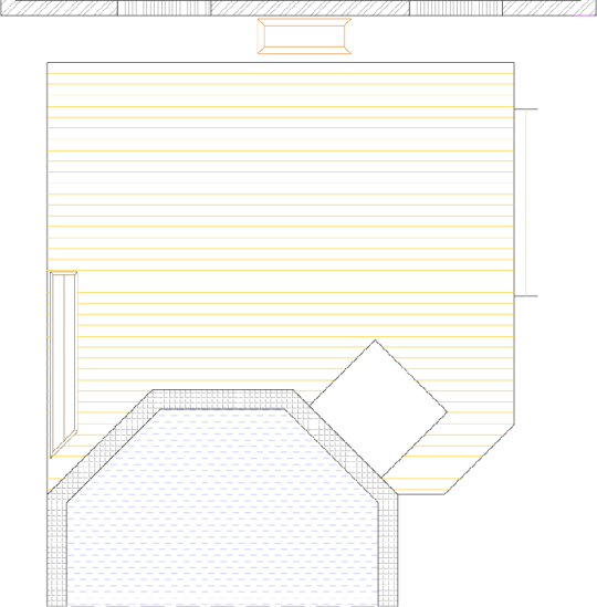 Overhead view of a deck plan for a large single level composite deck with a bench and planter box.