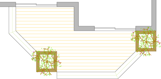 Overhead view of a deck plan for a medium size single level deck with planter boxes.
