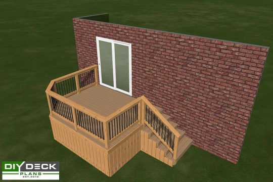 3D render of a small single level deck plan with black aluminum balusters in the railing.