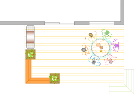 Overhead view of a deck plan for a single level deck with a bench and planter boxes.