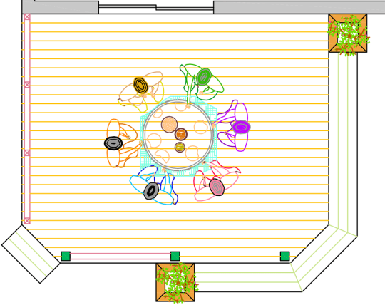 Overhead view of a deck plan for a single-level deck with a pergola.