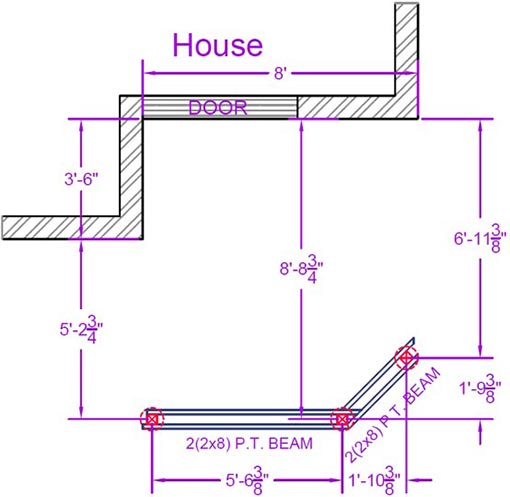 Deck plan foundation drawing with dimensions and footing placement.