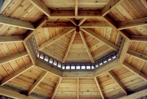 View from below of gazebo roof with roof boards installed. View from below of gazebo roof with roof boards installed.